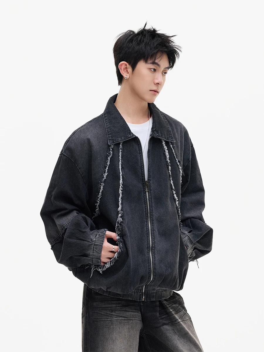 Chaqueta Vaquera Retro Americana para Hombre con Cuello Deshilachado y Estilo Casual para Otoño