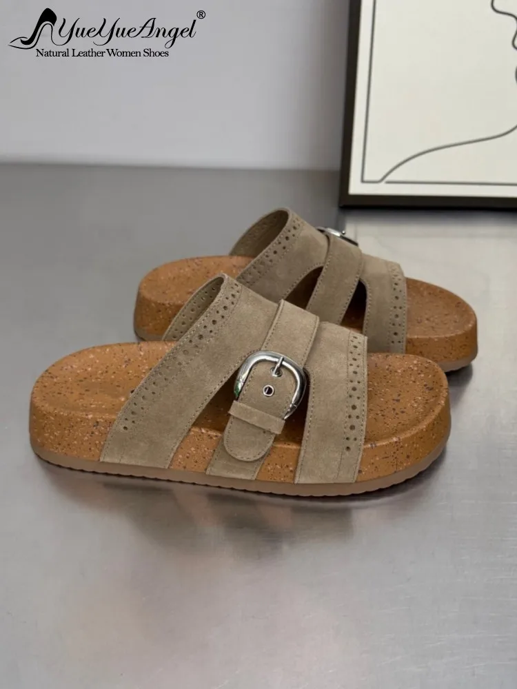 

Женские летние повседневные уличные шлепанцы с пряжкой, на толстой платформе, из замши, винтажные, с открытым носком, без застежек, лоферы