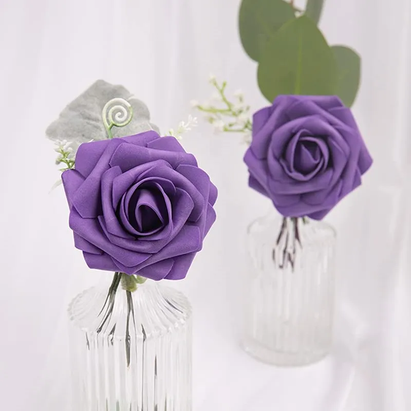 Artificial Flowers 25pcs Real Looking Dark Purple Foam Fake Roses with Stems for DIY Wedding Bouquets Bridal Shower