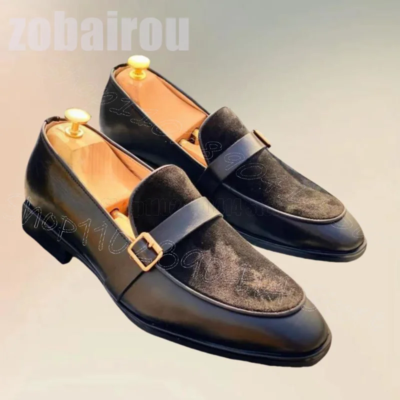 Black Buckle Decor Leather Splicing Suede Loafers Fashion Slip On Men Shoes Luxury Handmade Party Dating Office Men Dress Shoes