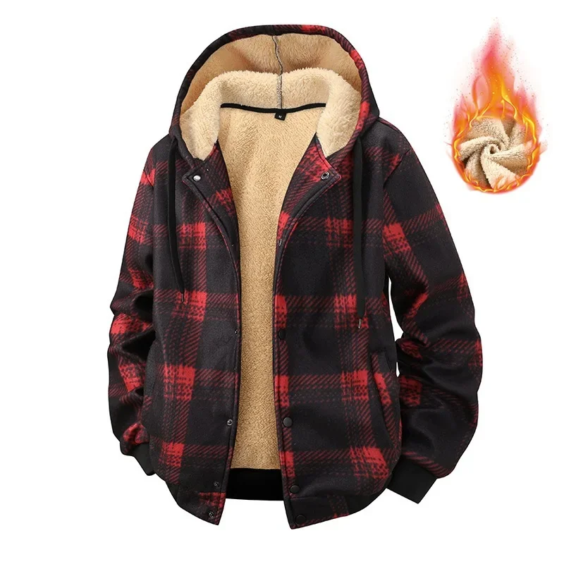 

Man Plush Coat Winter New Thicken Fleece Plaid Long Sleeve Male Hooded Jacket Single-breasted Casual Versatile Men Outerwear