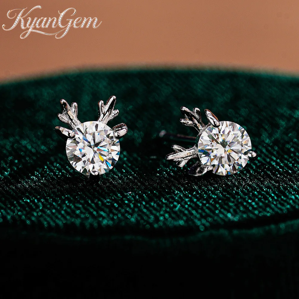KyanGem Platinum PT950 Antler-Shaped Moissanite Stud Earrings Sweet and Adorable Reindeer Earrings