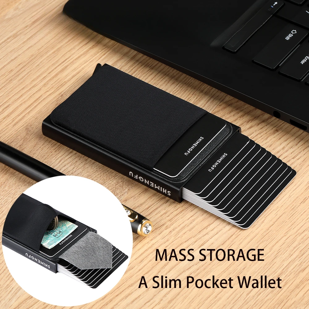

Slim Aluminum Card Holder Wallet with Elasticity Back Pouch ID Credit Mini RFID Wallet Automatic Pop Up Bank Card Case Men Purse
