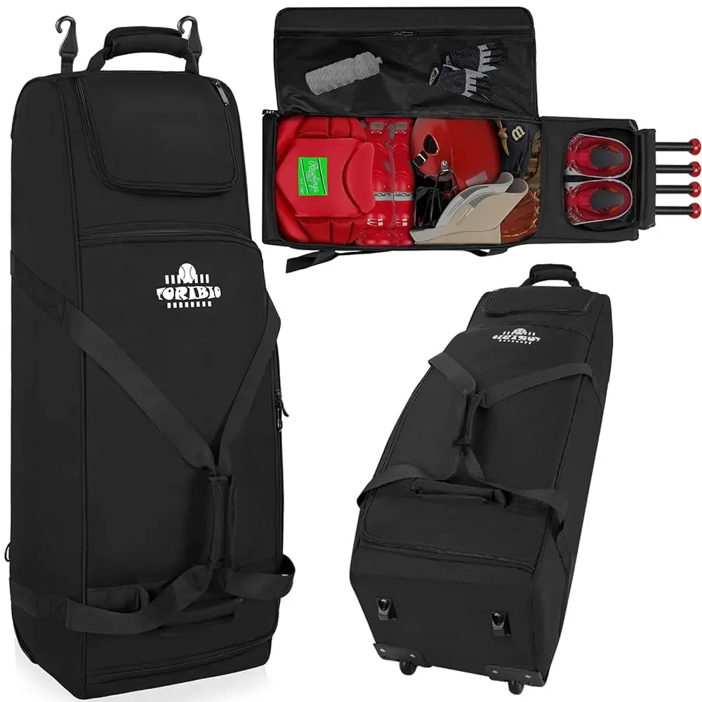 Large Rolling Baseball Bag with Wheels,Softball Catcher Gear Bag for 4 Bats with Fence Hooks ,Portable Roller Baseball Bag wi