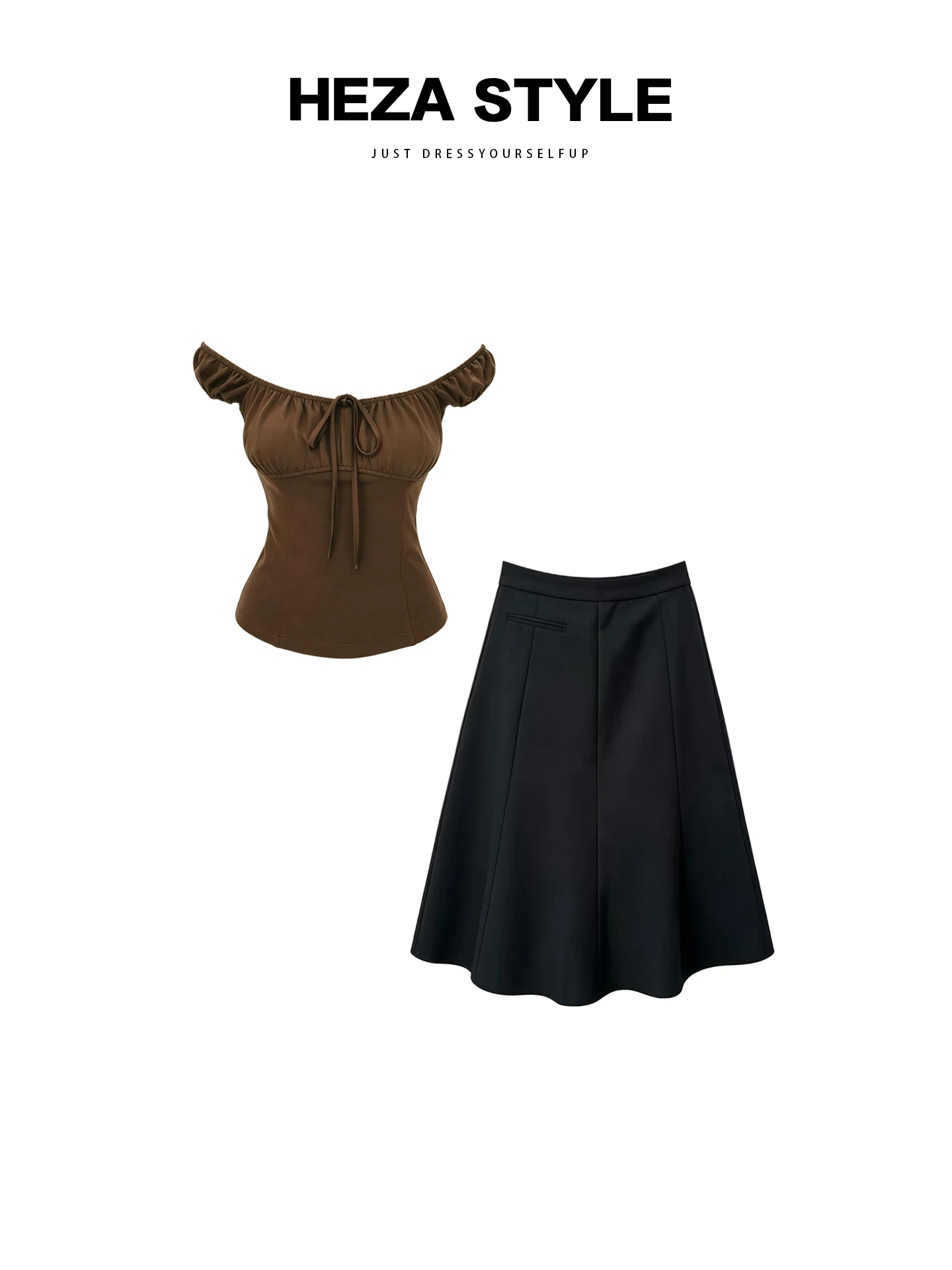 

Brown Drawstring One Shoulder Midi Dress Set for plus Size Women HEZA American Retro Style Summer Slimming Skirt Ensemble