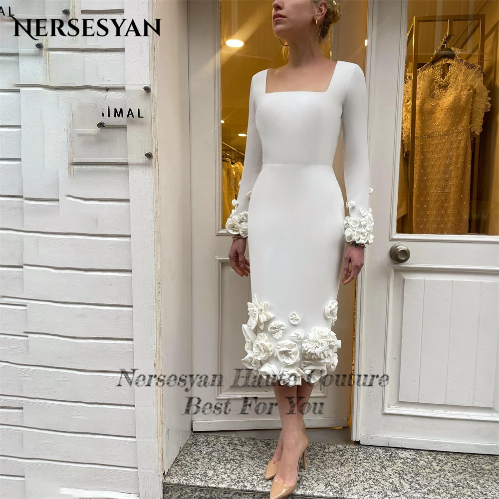 Nersesyan Elegant 3D Flowers Bridal Gowns For Wedding Square Collar Long Sleeves Bride Dress Tea Length robe de mariée Pure 2024