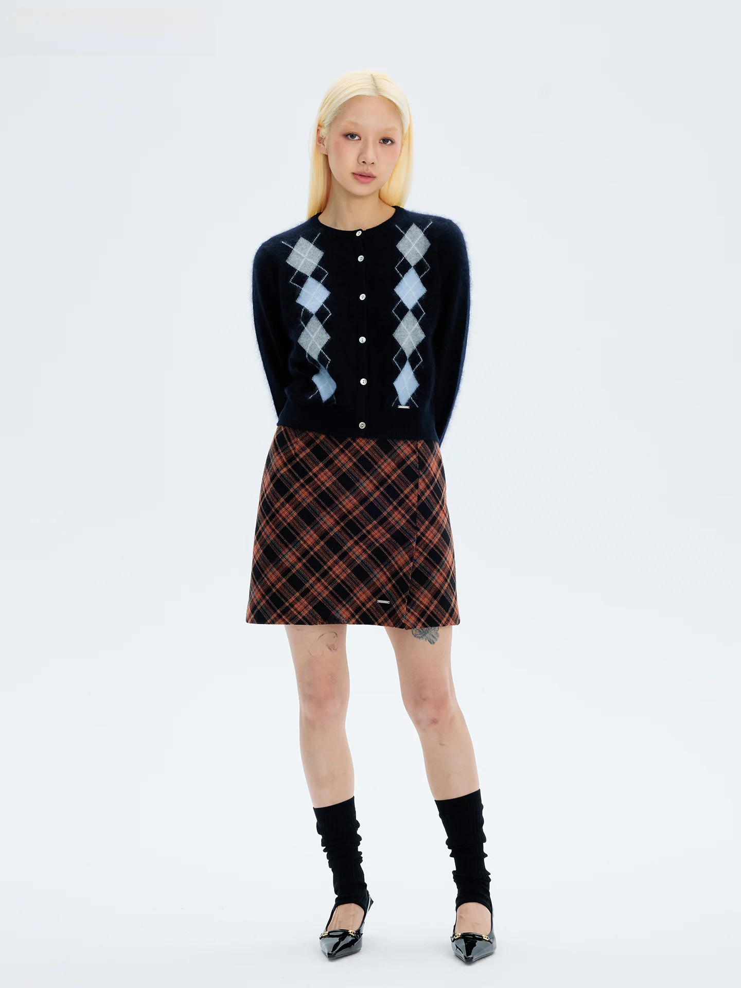 

HORAHORA Retro High Waist A-Line Skirt with Front Split Orange Plaid Wool Blend Tight Fit Women's Ci Commute Casual Skirt
