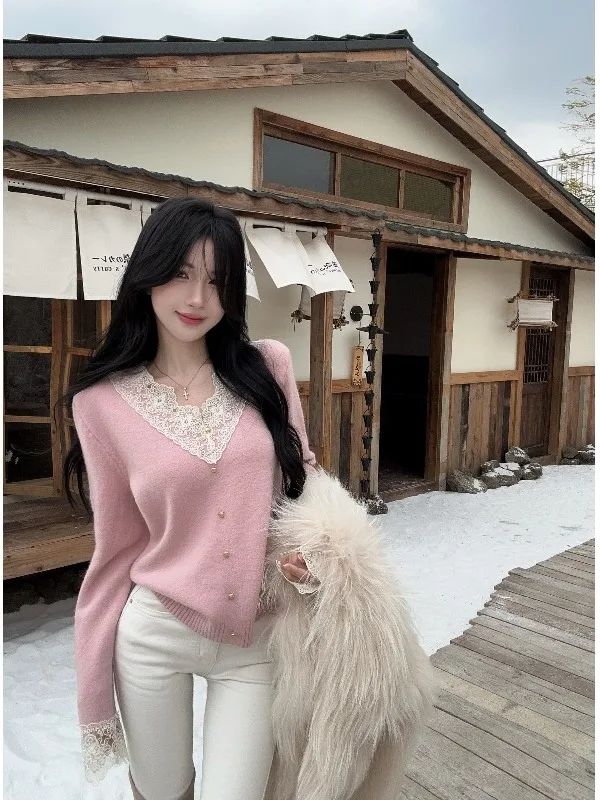 

Мягкий кружевной свитер с V-образным вырезом и длинными рукавами для женщин, свободный вязаный топ, модный элегантный стиль, бренд Nicole Rose, осенняя коллекция