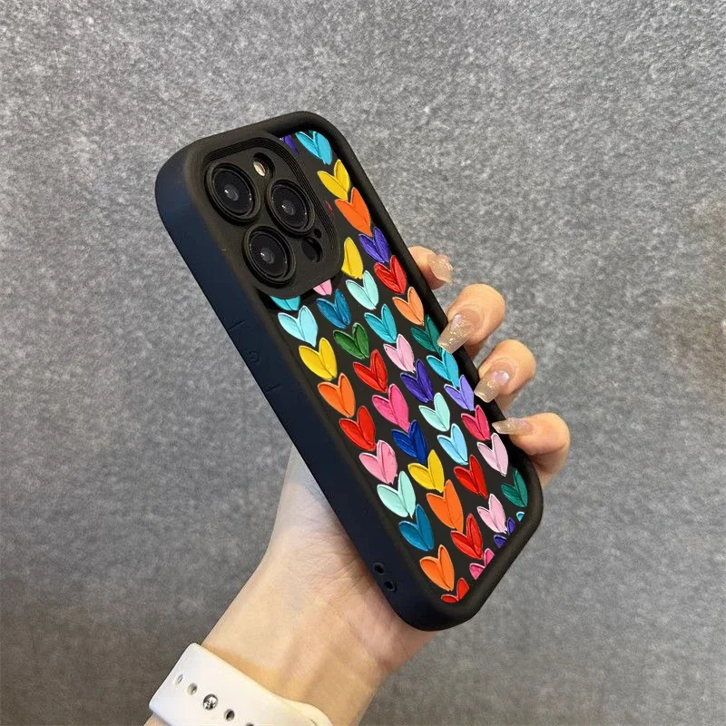 Colorful Love Heart Phone Case For iPhone 16 14 13 12 11 Pro Max XS XR X 7 8 Plus SE2020 Cover For iPhone 15 16 Pro Max Cases