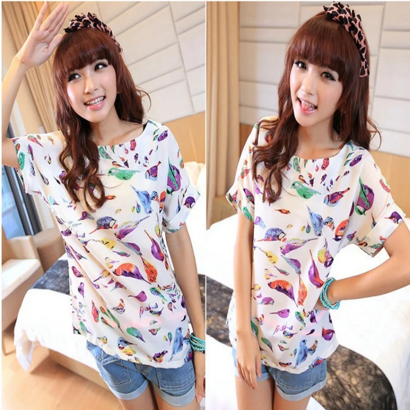 

Летняя женская одежда: модная футболка с принтом птиц, шифоновая, дышащая, легкая и удобная, пользующаяся большим спросом.