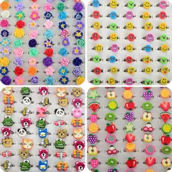 10pcs/Lot Colorful Polymer Clay Ring for Girls Sweet Flower Animal Fruit Shape Adjustable Rings Child Kids Birthday Jewelry Gift