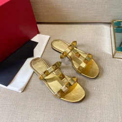 2024 New Round Toe Open Toe Flat Women's Shoes Large Rivet Sandals Women's Large Size Slippers