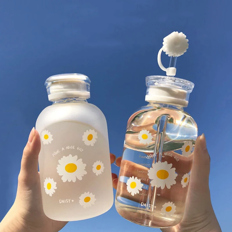 Glass Water Bottle with Straw Creative Daisy Frosted/Transparent Cup Leakproof Portable Drinking Bottle with a Sealing Cap Lid