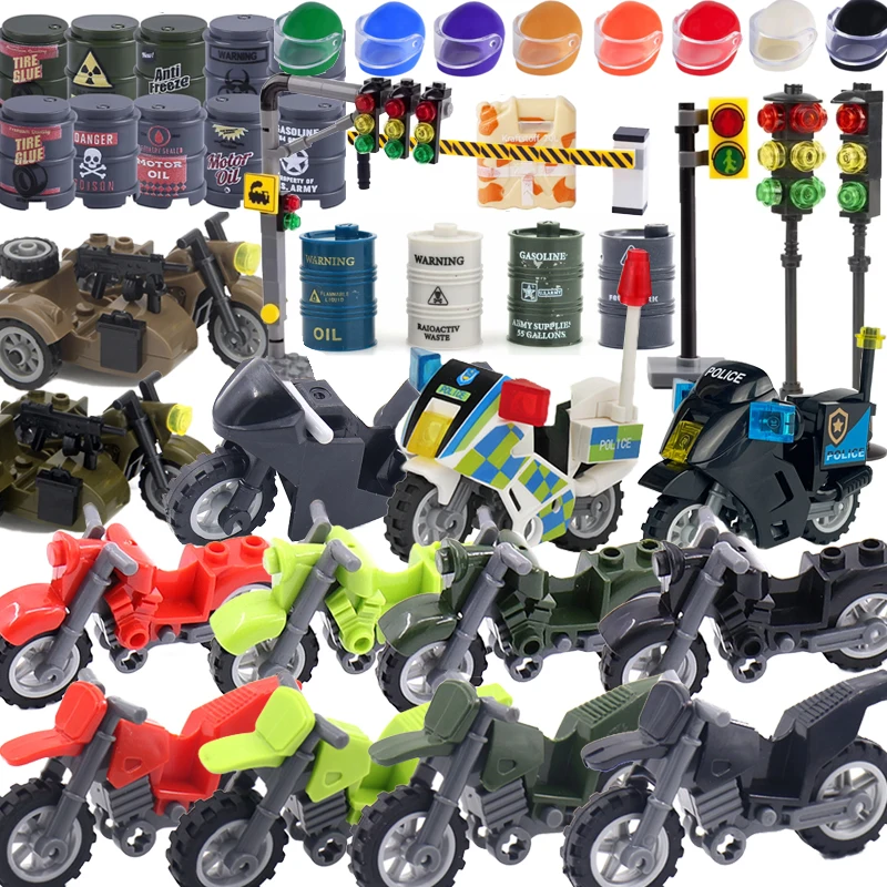 MOC Military Building Blocks Off-road Motorcycle Tricycle Helmets Oil Drum Fuel City Roadblock Traffic Light Brick Toys Gift T17