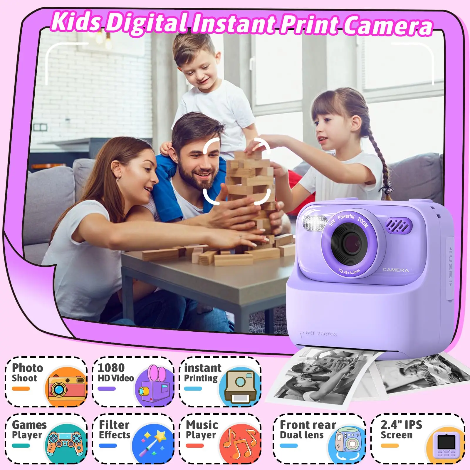 Kids Digital Camera 1080P Vedio Thermal Instant Print Camera With 32G For Girls Boys Age 3-12 Best Christmas Birthday Gifts