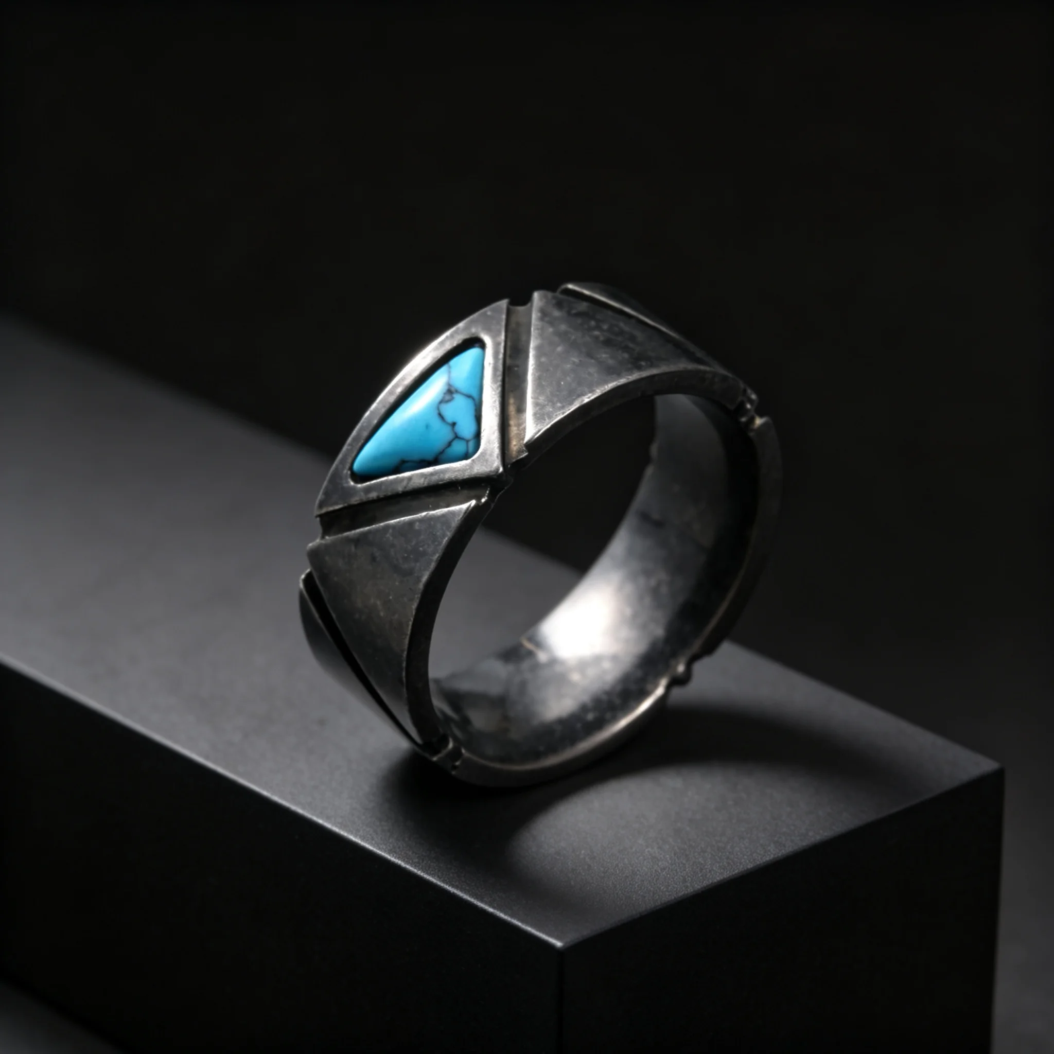 Retro Geometric Texture Blue Natural Stone Ring for Men, Triangle Turquoise Stainless Steel Rings, Fashion Unique Jewelry Gift