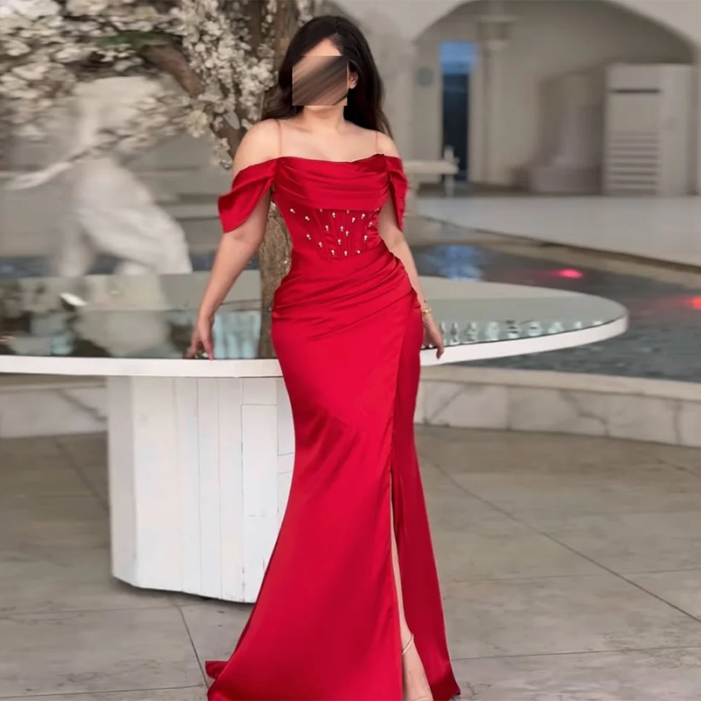 

Customized Boat Neck Evening Dresses Off The Shoulder Side High Slit Pleat Beading mermaid Prom Gown Backless Long Party Dress