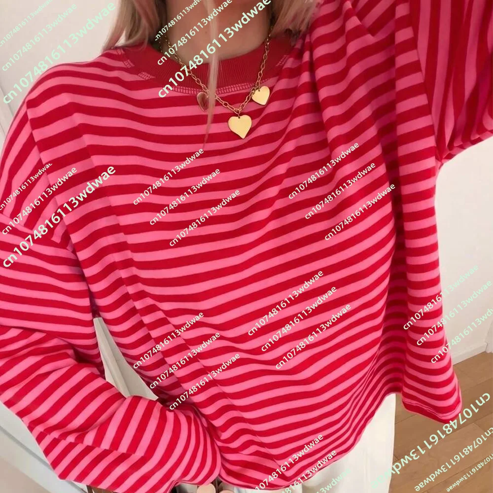 Women's Casual Striped Long Sleeves Top Contrast Ribbed Fabric Everyday Wear Autumn Chic Elegant Fashion Street Style T-shirt