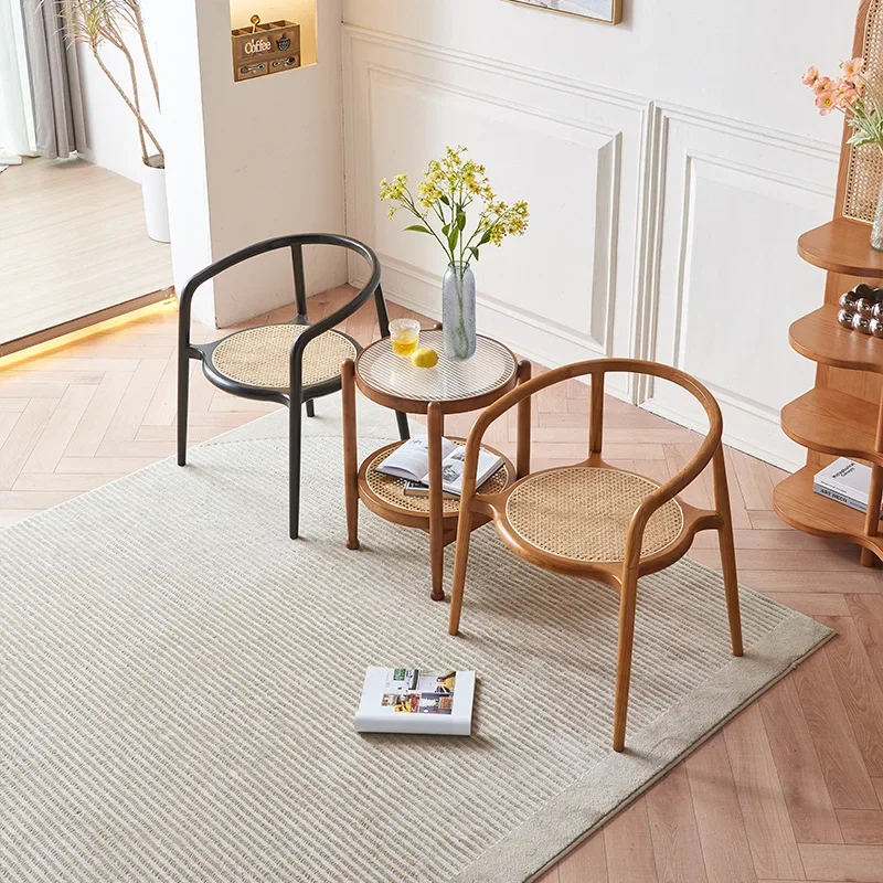 Nordic dining chair solid wood home retro backrest rattan dining chair hotel homestay armrest coffee table rattan chair three-pi