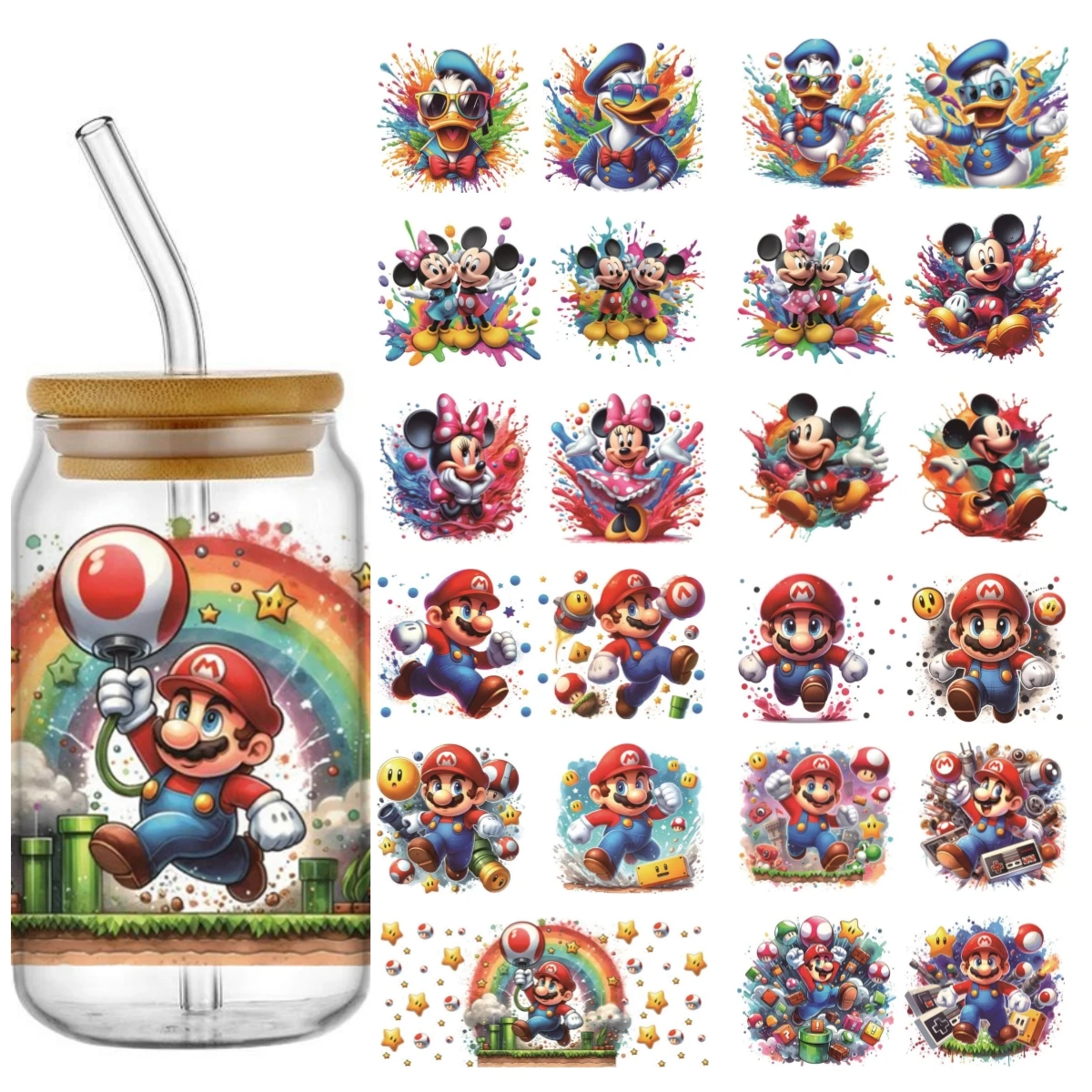 Miniso Mickey and Mario 16oz UV DTF Cup Wrap Cartoon Libbey Tumbler Glass Plastic Can Transfer Sticker Waterproof Self-adhesive