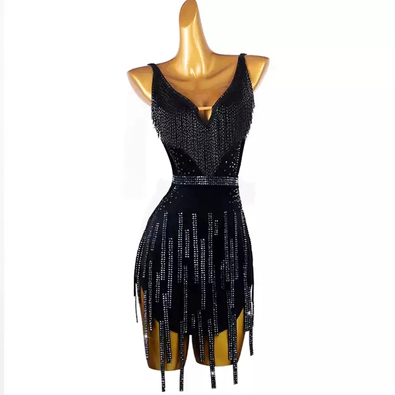 

Black Latin Dance Dress Sexy Adult Women Ballroom Party Skirt Practice Wear Suit Sport Prom Costumes Midi Evening Stage Clothing