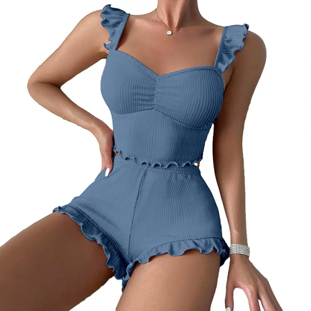 Summer Women's Pajamas Set Crop Top And Shorts Ribbed Ruffle Trim Sleeveless 2 Piece Sleepwear Casual Lounge Pajamas Set