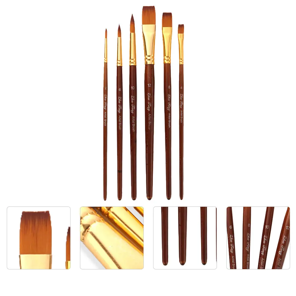 

6pcs Paint Brush for Canvas Oil Painting Student Brushes Wooden Handle Double Color Nylon Hair Watercolor Art Supplies