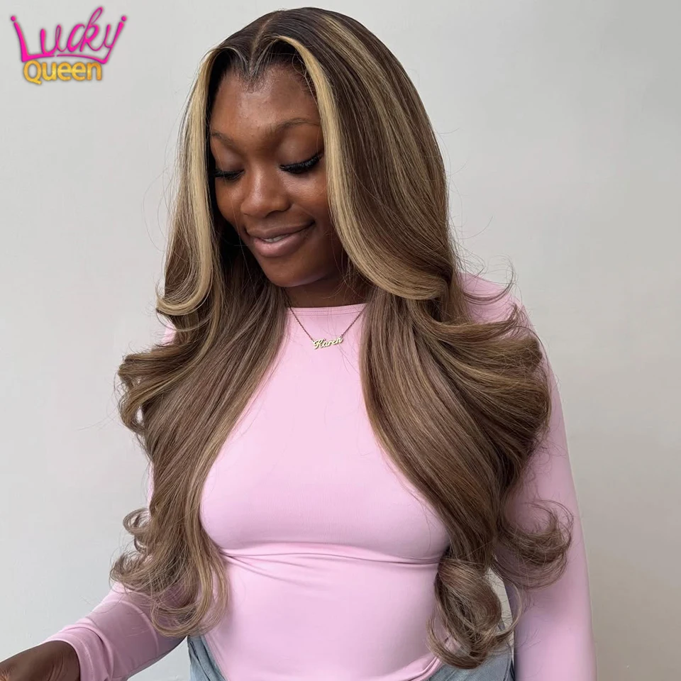 

Парик из натуральных волос с мелированием: светло-коричневые и светлые пряди, плотность 180%, предварительно выщипанный, прозрачный кружевной фронтал 13x6, бразильские волосы Remy, волнистая текстура 13x4