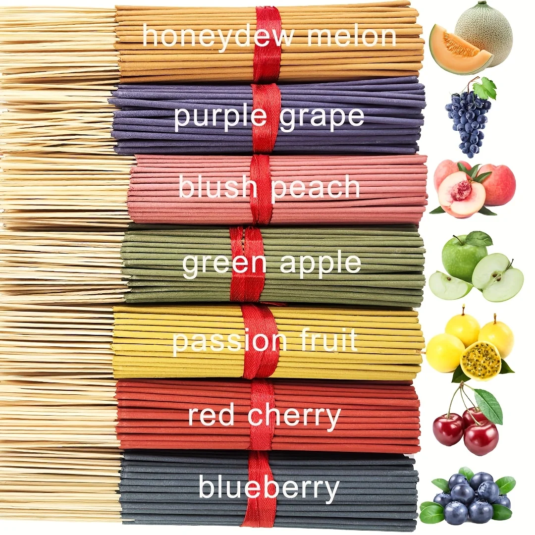 Fruit-Flavored, Richly Scented Handmade Bamboo Incense Sticks, 22cm Long Premium Natural Incense Sticks, Containing 7 Different Scents Including Cantaloupe, Grape, Peach, Apple, Snow Pear, Cherry, Blueberry, Etc., Made