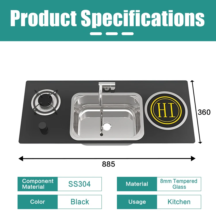 JDA Space-Saving All-in-1 Mobile RV Kitchen Combo: Gas Burner + Induction Cooker + Sink 885*360mm Built-in Camper Station