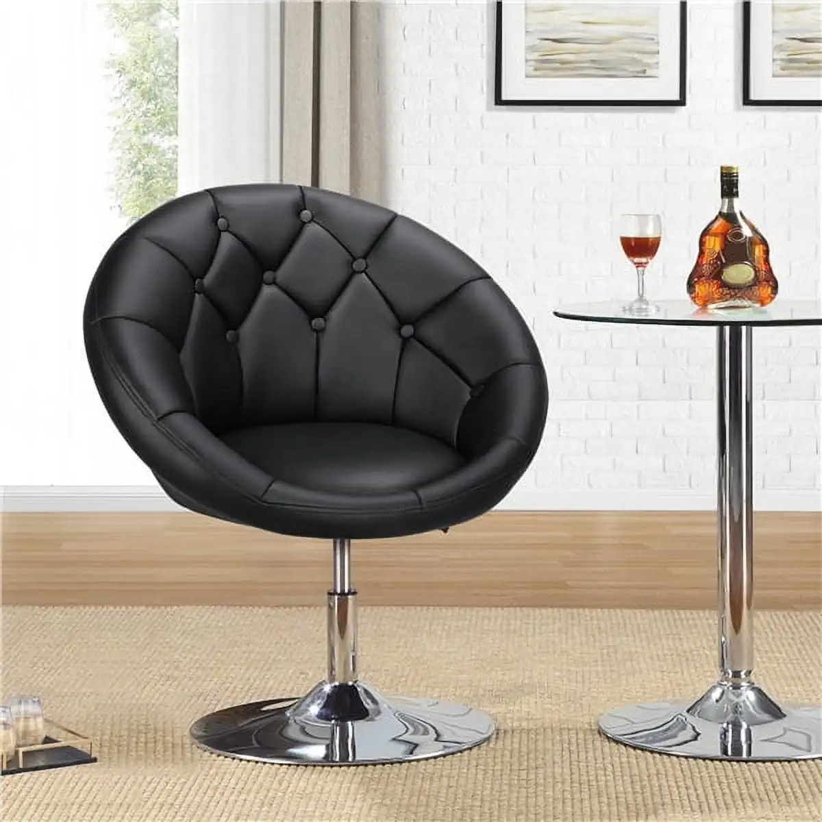 

Modern Tufted Barrel Swivel Accent Chair Adjustable Seat Height Black Soft Faux Leather Water-resistant Indoor Home New 275.6lb