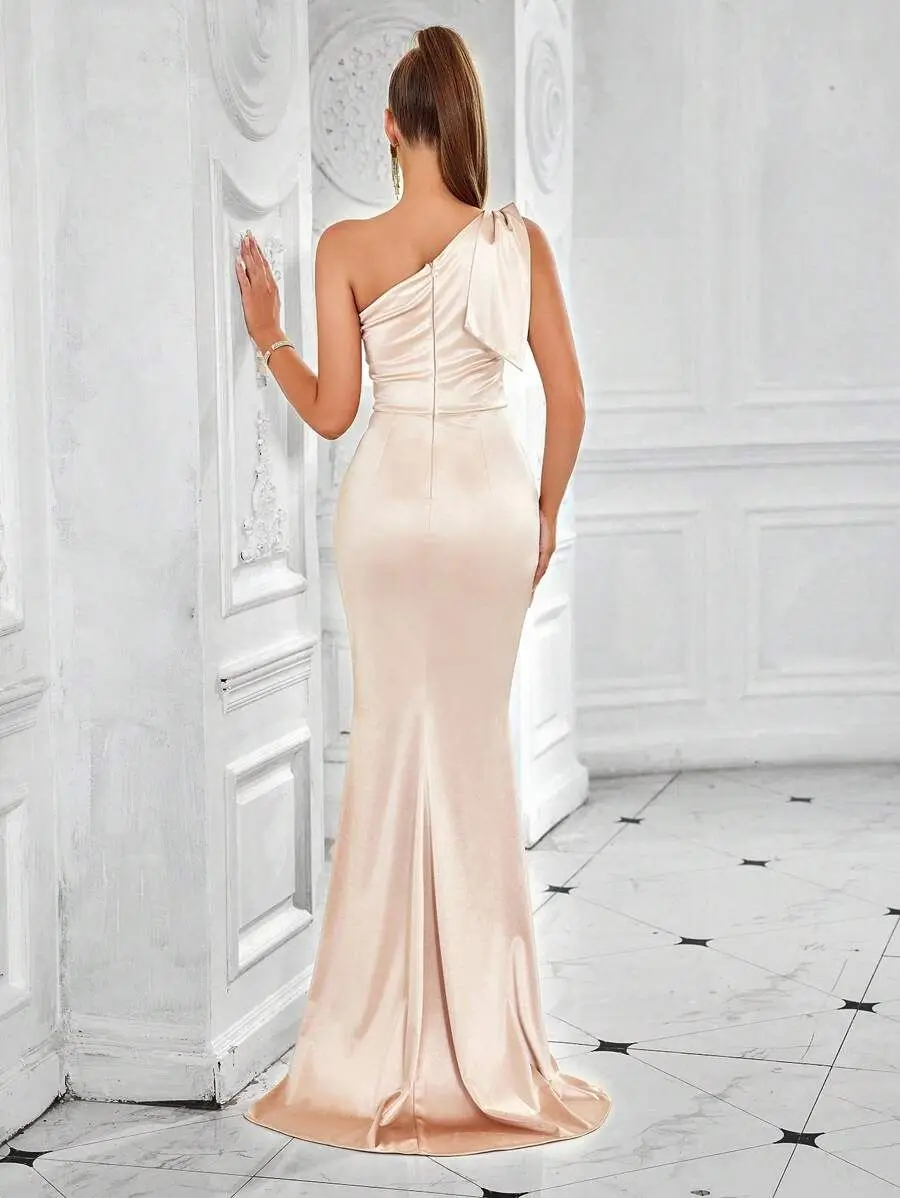 Satin One-Shoulder Bow Evening Dresses Pleats Bodycon High Split Long Elegant Party Gowns Simple Women Mermaid Bridesmaid Dress