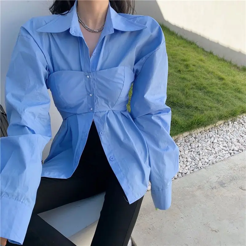 Spring Autumn POLO Collar Fashion Long Sleeve Shirt Women High Street Solid Color Button Cardigan French Style Patchwork Tops