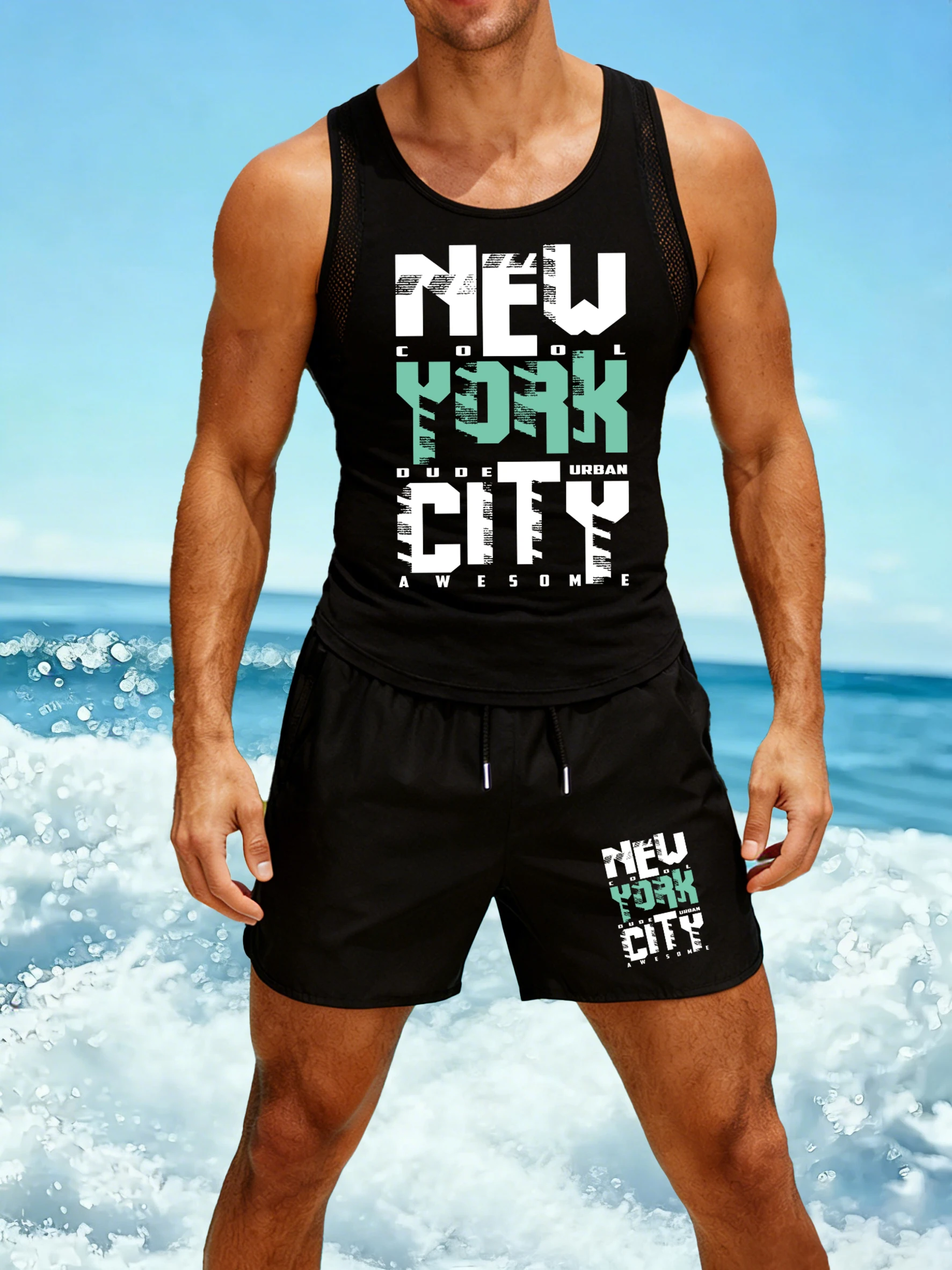 

Art In New York Usa Print Male Reticular Vest Set Soft Comfortable Shorts Summer Simple Clothing Unisex Vacation Sleeveless Tee
