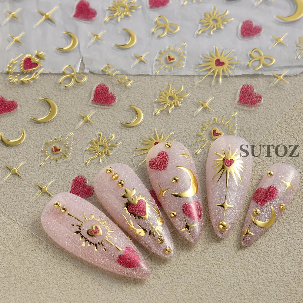 3D Gold e Sun Nail Adesivos, Bronzing, Cruz, Estrelas, Lua, Decalques, Coração Vermelho, Prata Arcos Design, Encantos DIY, Manicure Acessórios, LEBSU-34