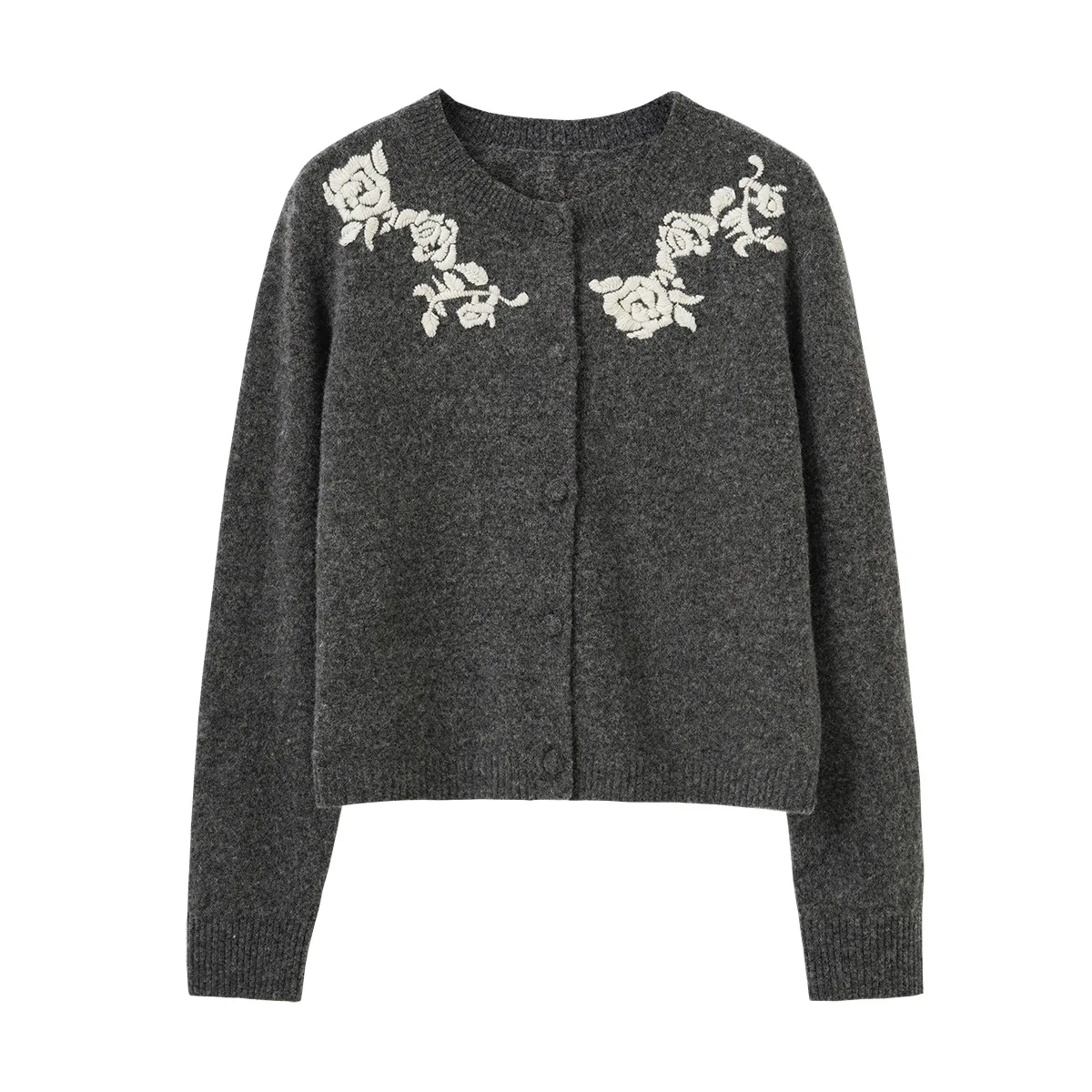 Grey Round Neck Knit Cardigan Women Vintage Embroidery Long Sleeve Wool Sweater Autumn Winter 2025 sweater y2k