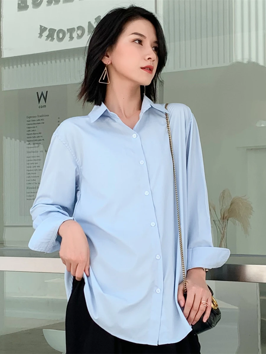 

Blue Casual Loose Long Sve irt Women's Sle Anti-Wrinkle Draped Four Seasons Boyfriend Simple Match All-Match DianThia