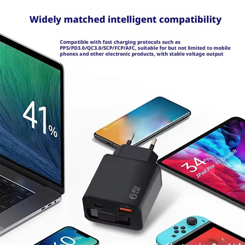 65W USB Phone Charger With Retractable Super Fast Charging Type C Cable For iPhone 17 16 POCO Xiaomi QC 3.0 USB PD Wall Charger