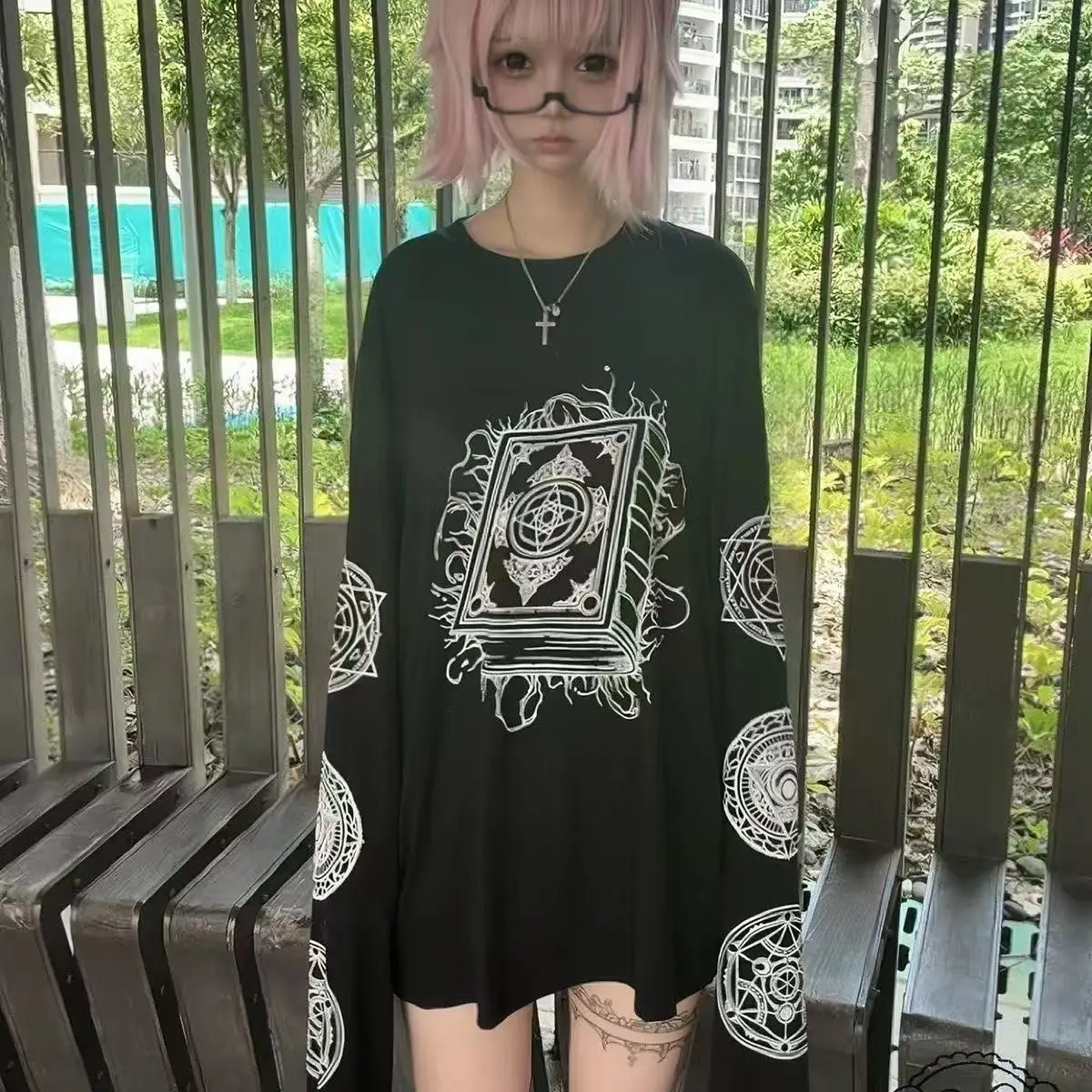 Subculture Girl Fantasy Book Magic Spell Magic Circle Long-sleeved T-shirt Niche Dark Style Cute Sleeves Loose  Base Layer Top