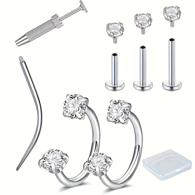 16G Horseshoe Nose Ring - 2D Flat Back Earrings with Internal Threaded Piercing Taper and Grabber Tool - Lip Ring Earring