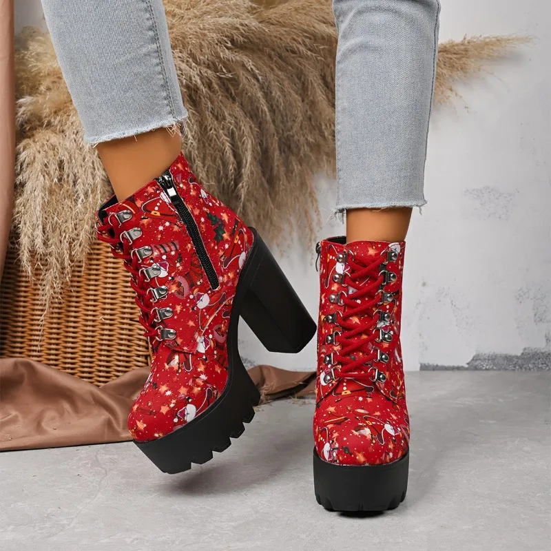 

Women's Printed Platform Booties Fashion Round Toe Lace-Up Non-Slip Wear-Resistant Block Heel Shoes