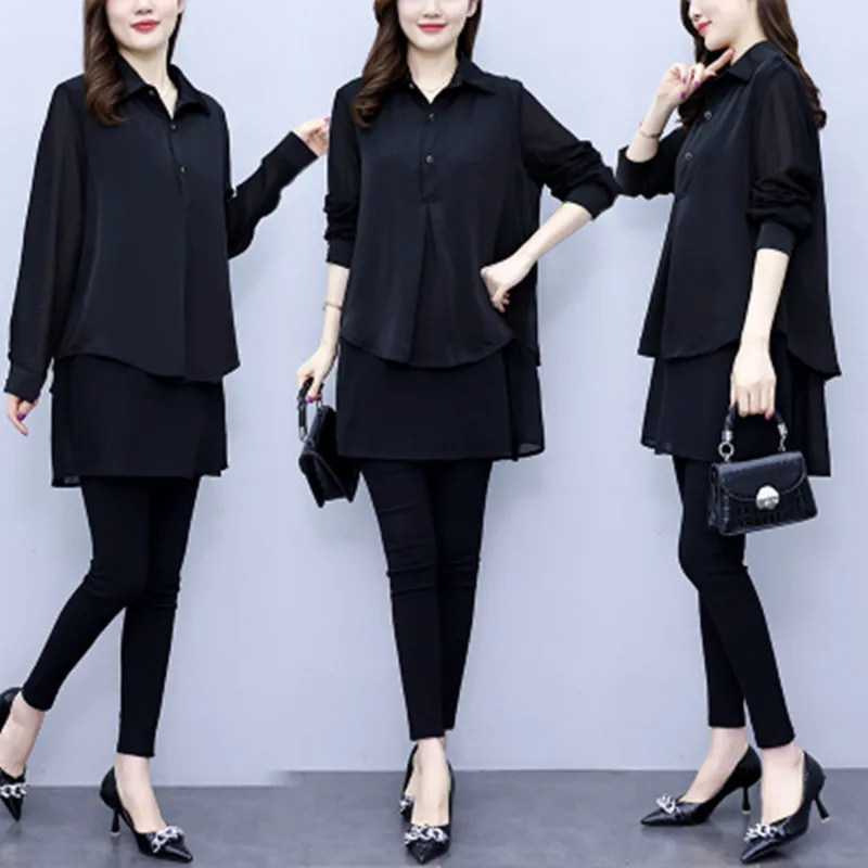 

Spring Autumn New Faion Large Brand Design Loose Size Women's Chiffon irt Cover Belly Good Taste Top Polyester Fiber