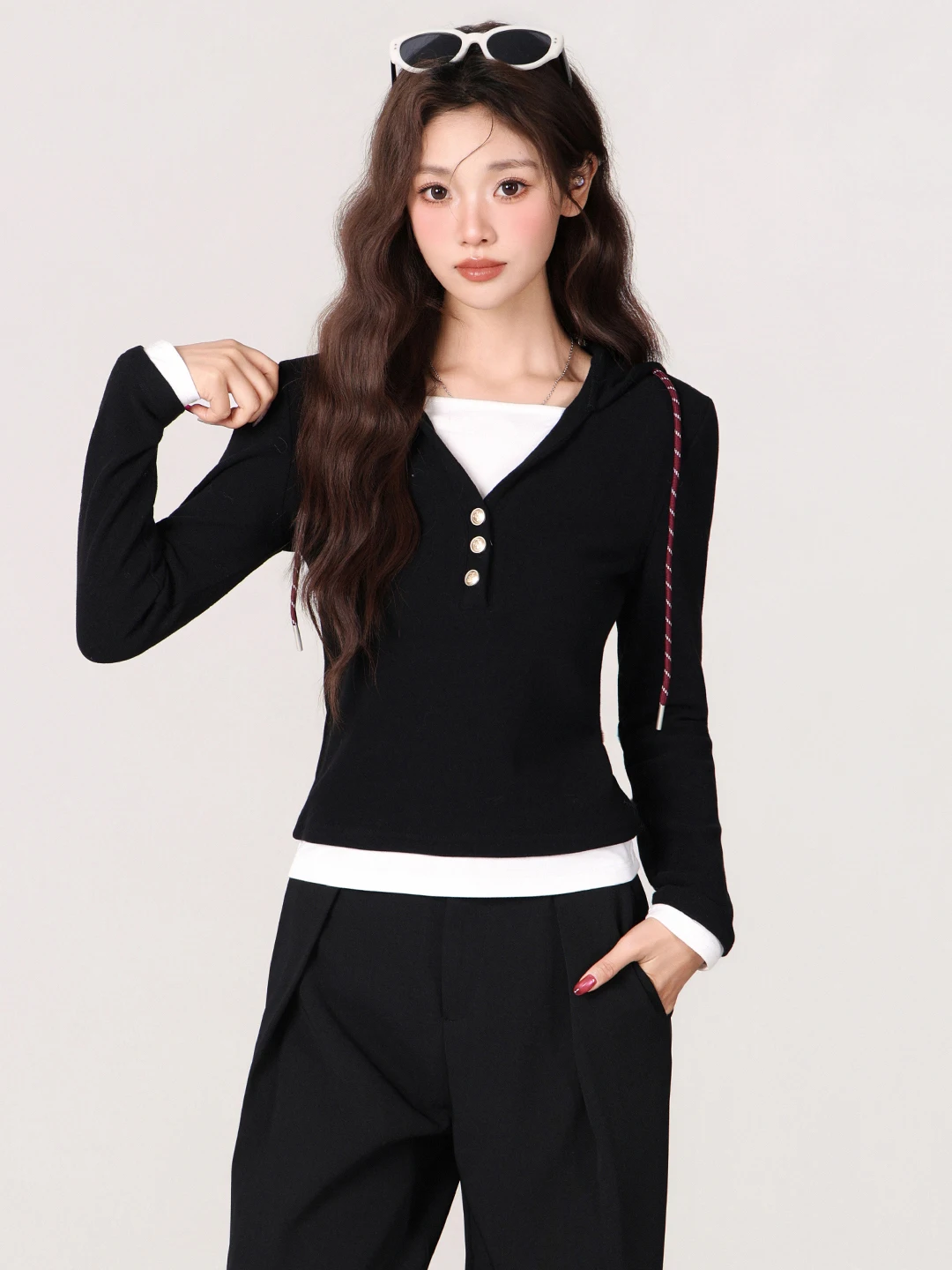 

Korean Sle Long Sve Hoodie T-irt Women's Autumn Winter New High-End Feeling Fake Two-Piece Color Blo Top
