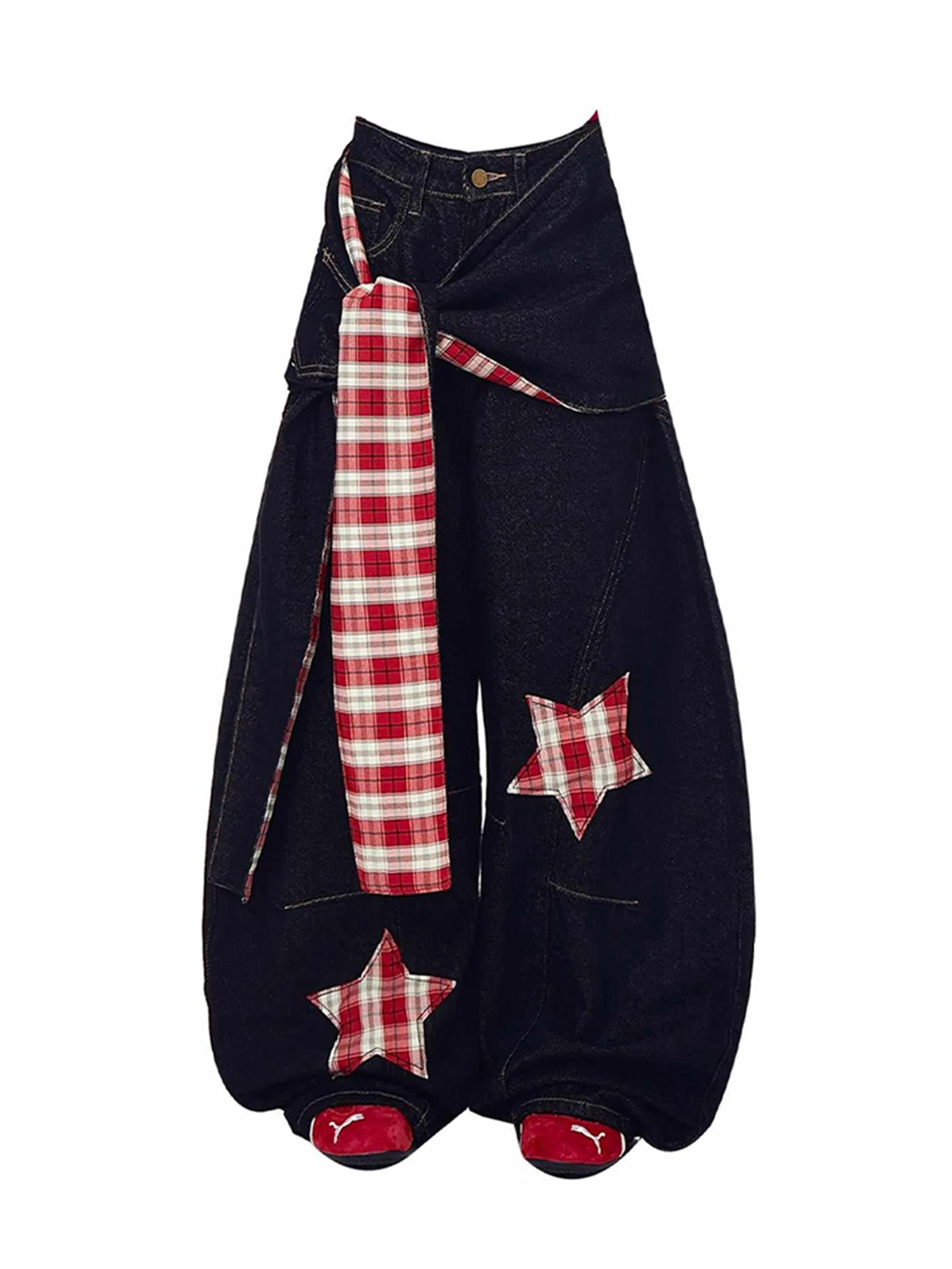 Women Black Gothic Y2k Jeans with Star Vintage Harajuku Baggy Emo Jean Pants Japanese 2000s Style Grunge Oversize Denim Trousers