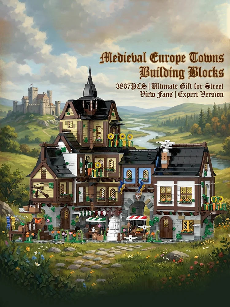 3867Teile Klemmbausteine Mittelalterliches Europäisches Stadt-Bausteinset Architektur-Straßenansicht Modular Modell DIY-Montage-Spielzeug für Erwachsene und Kinder