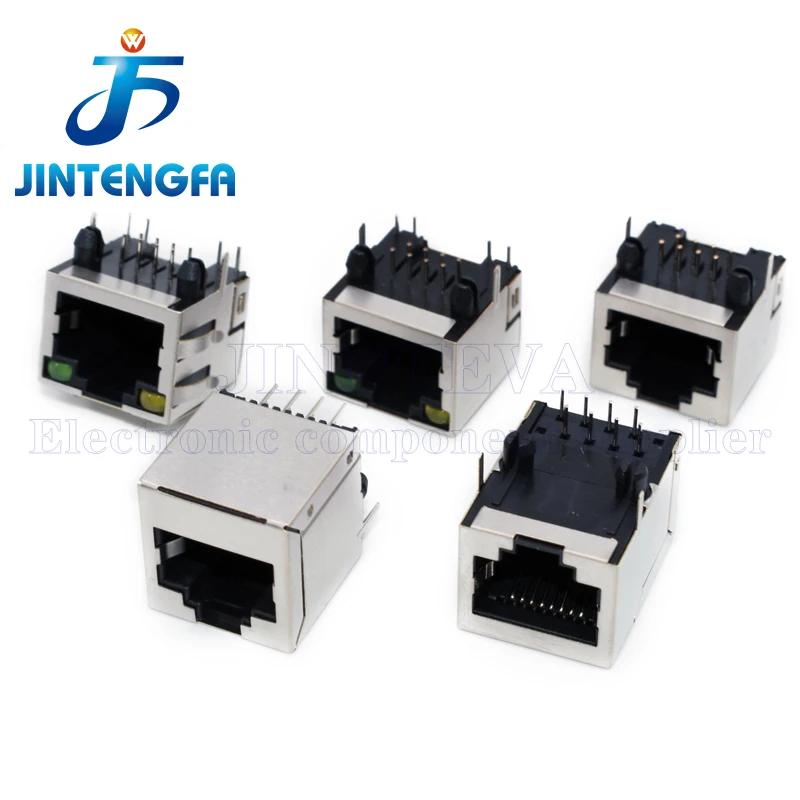 10PCS RJ45 Network Ethernet Female Socket With LED Buckle Light Right Angle 56 8P8C Female Jack Connector 90 Degree Bent Needle