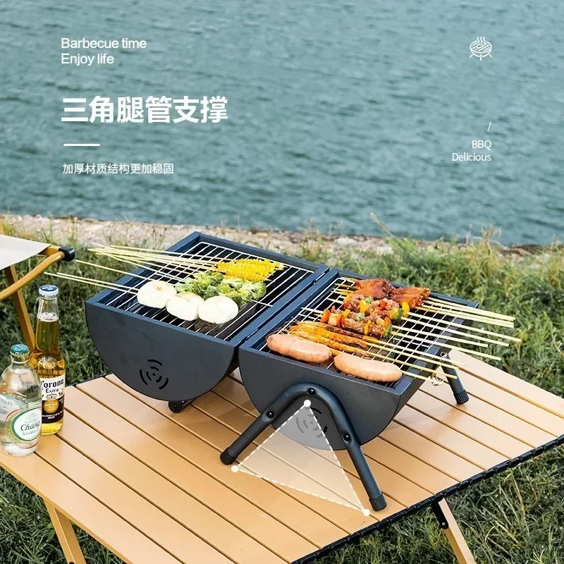 Portable Charcoal Grill, Multi-functional Metal Small BBQ Smoker for Outdoor, Hiking, Picnic, Black