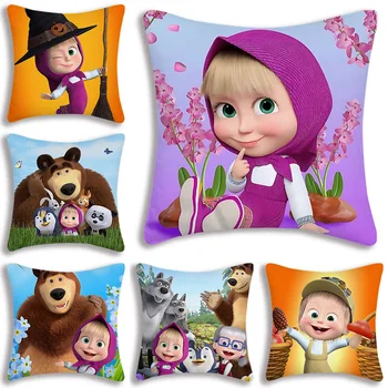 만화 M-Masha와 B-곰 베개 커버 만화 소파 장식 홈 양면 인쇄 짧은 플러시 귀여운 쿠션 커버