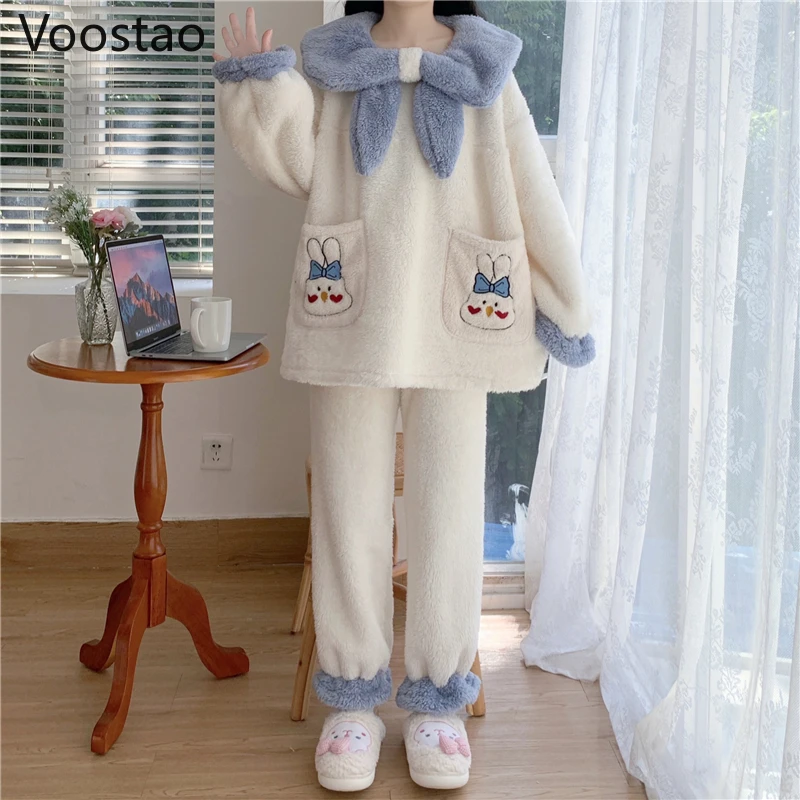 

Autumn Winter Sweet Princess Coral Fleece Pajamas Sets Women Cute Cartoon Lolita Warm Homewear Sleepwear Girls Pyjamas 2PC Set