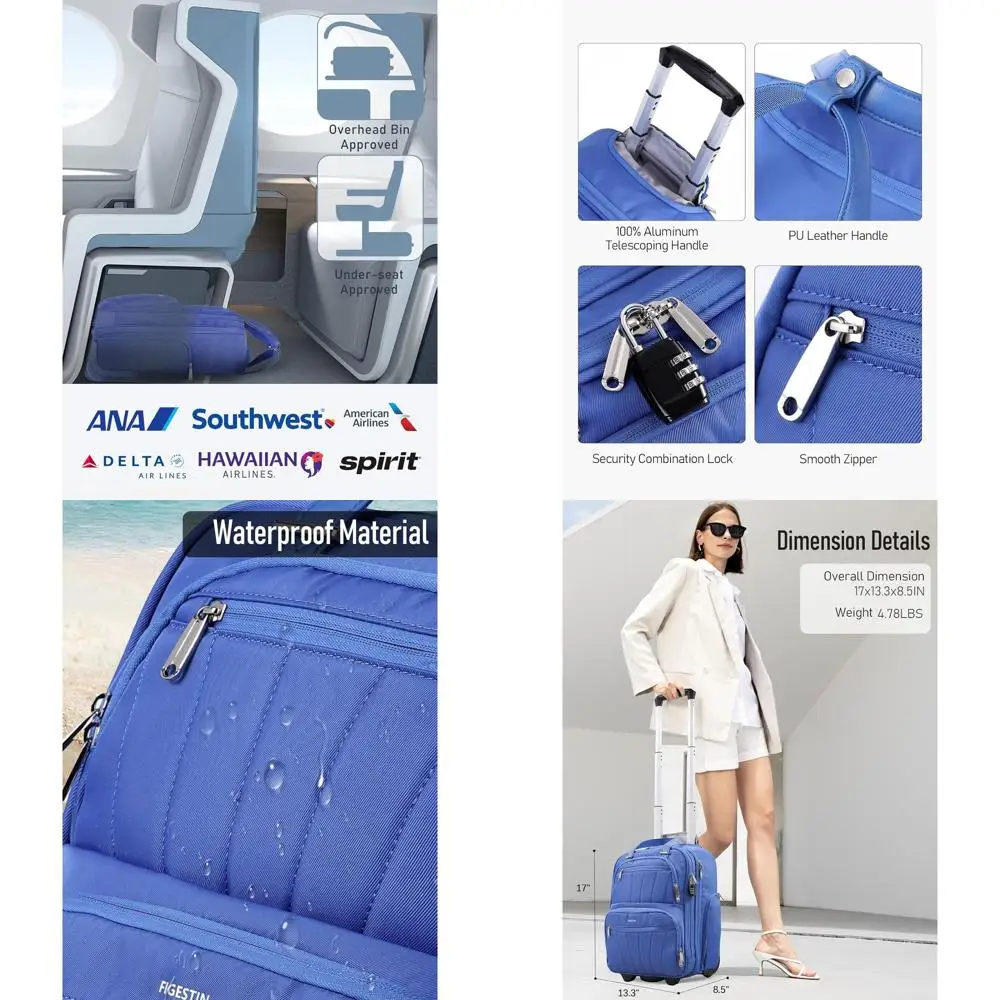 

16 Lightweight Softside Underseat Rolling Luggage for Travel, Compact Carry-On Suitcase in Blue
